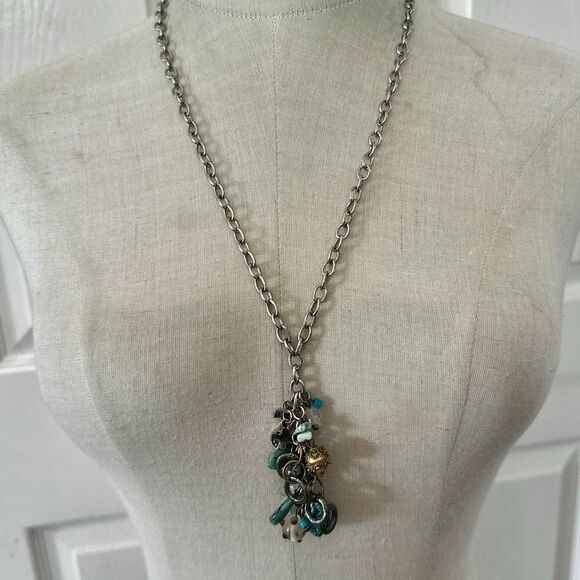 Vintage Charm Cluster Necklace with Natural Stones & Mixed Metals - Picture 2 of 11